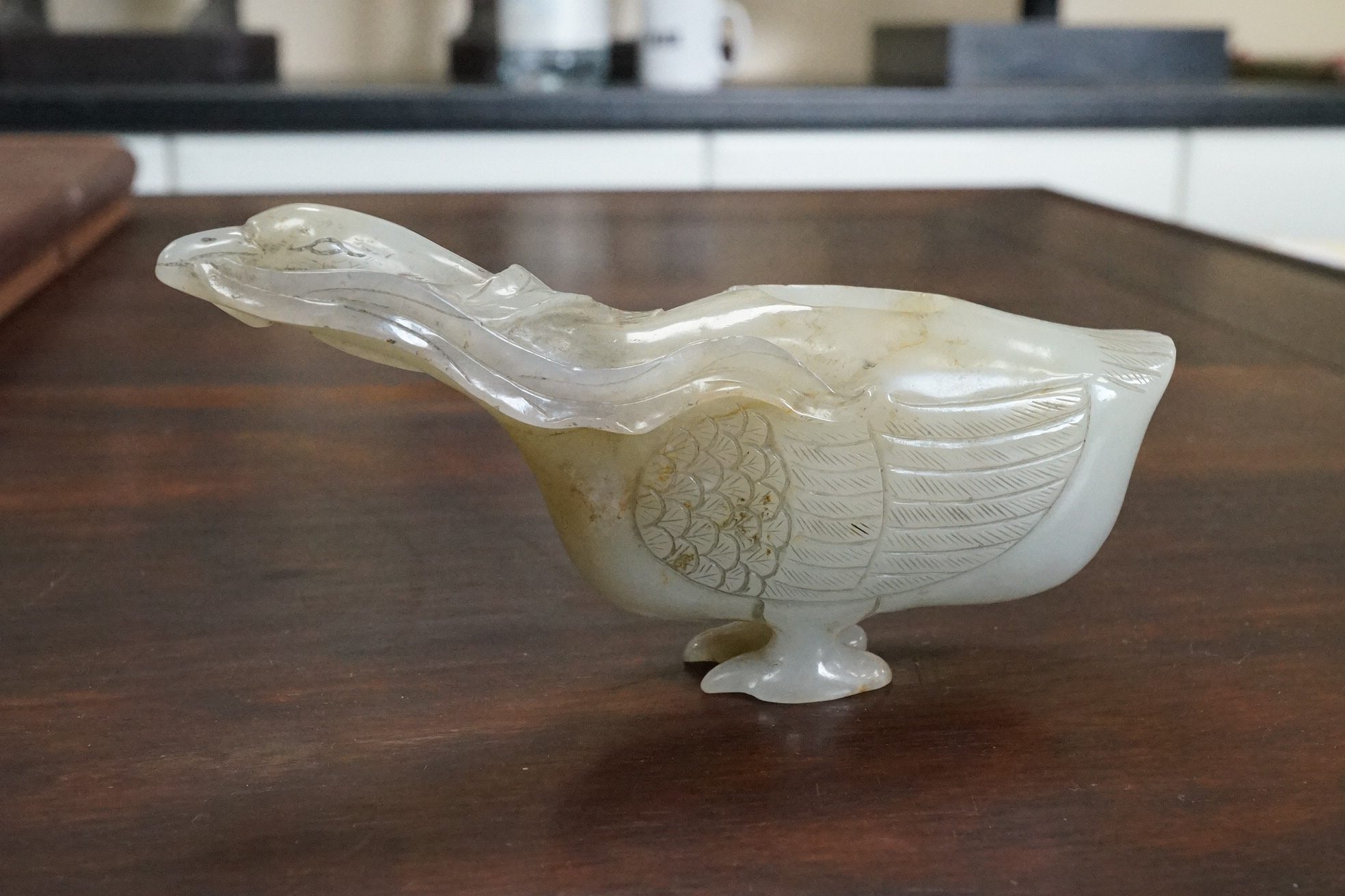 A Chinese pale celadon jade ‘duck’ brushwasher, possibly 17th/18th century